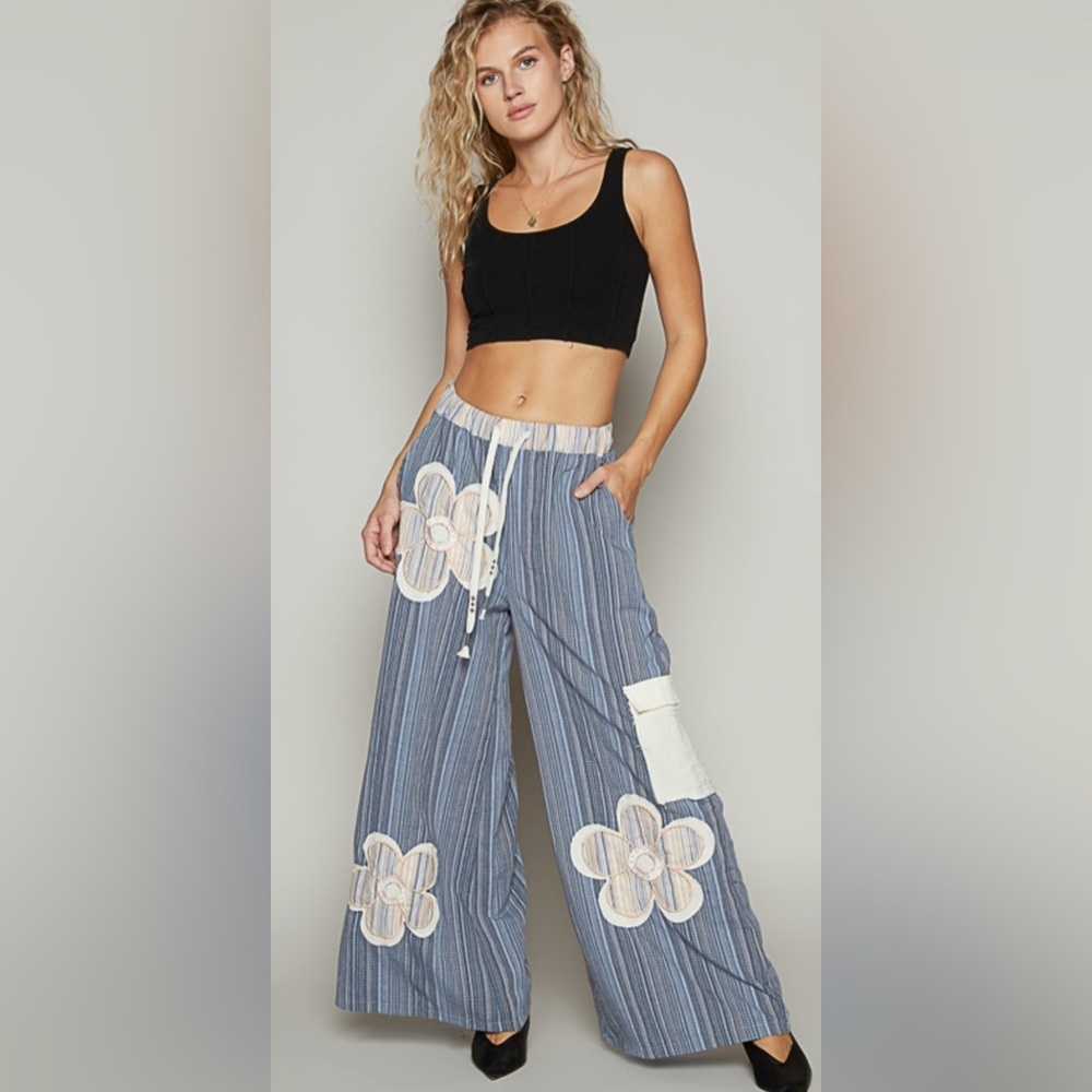 New POL Striped Wide-Leg Pants w/Patchwork  Floral Design. Small, Medium, Large